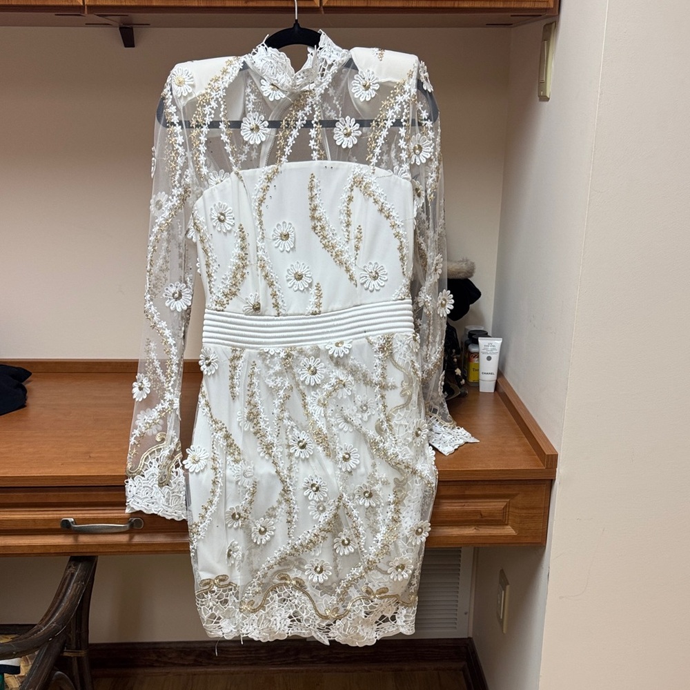 ZHIVAGO White Gold Embroidered Appliqué Floral Dress with Sequins Pearls